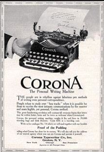 1916 Corona Typewriter ad from S.L. Johnson archive, replaces lost original ad